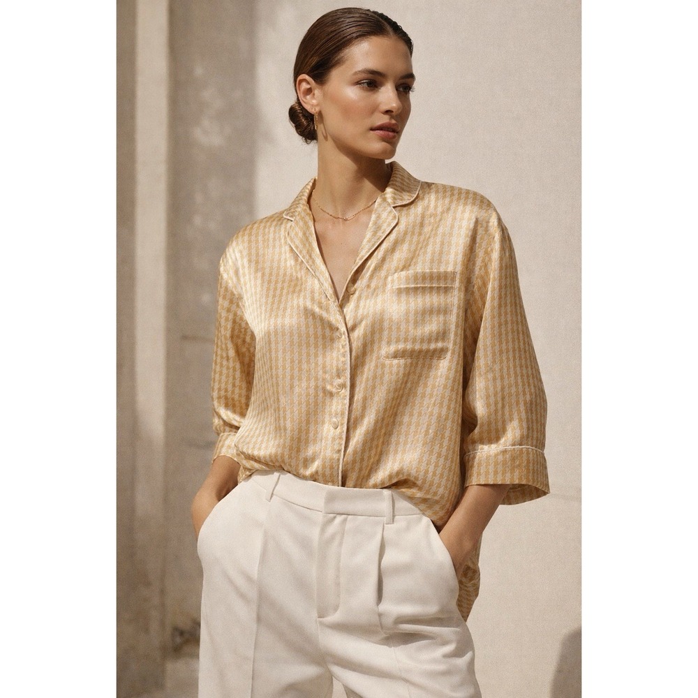 VTG CHRISTIAN DIOR‎ Pajama Top Satin Gold Houndstooth Silk Lounge Shirt 24" PTP